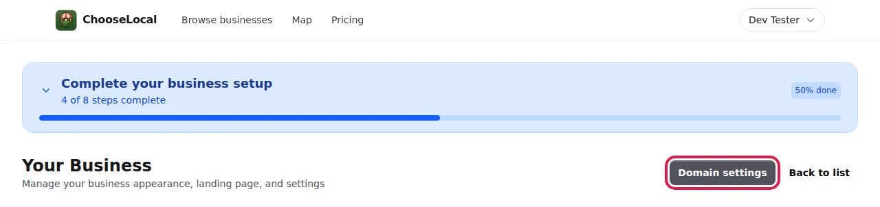 Your business page in ChooseLocal with the Domain settings button highlighted