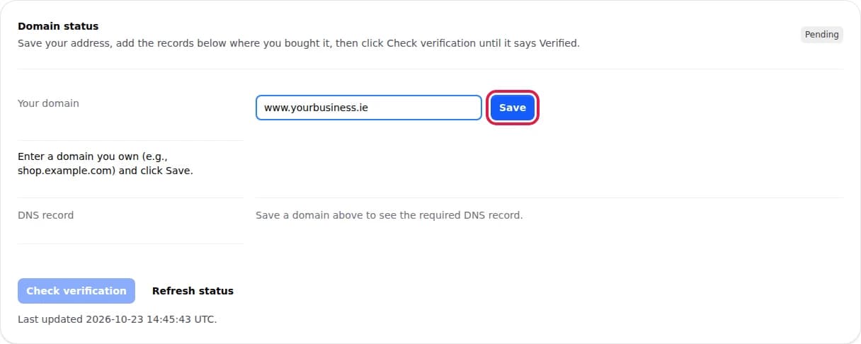 Domain settings in ChooseLocal: www.yourbusiness.ie typed into Your domain, with the Save button highlighted