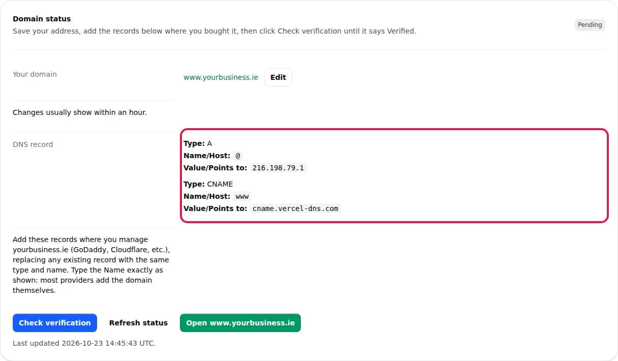 After saving, ChooseLocal shows two rows to copy: Type A, Name @, and Type CNAME, Name www