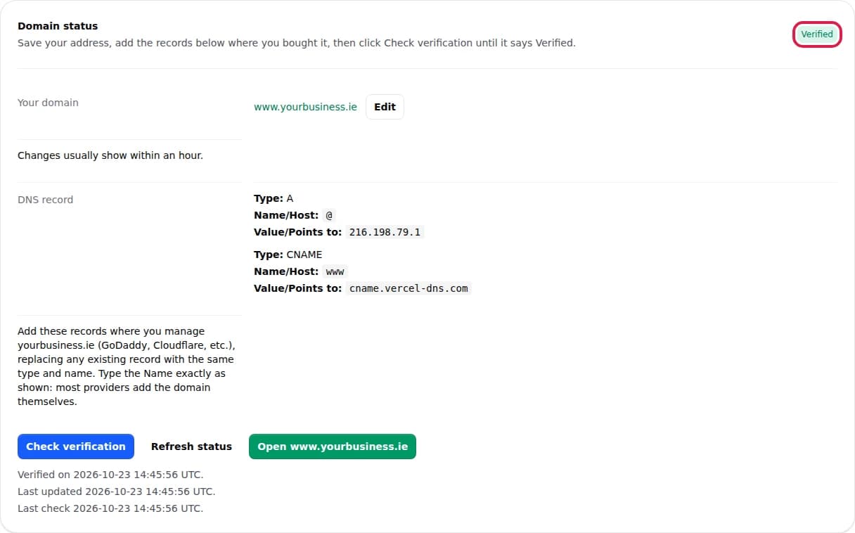 Domain settings in ChooseLocal showing the green Verified badge