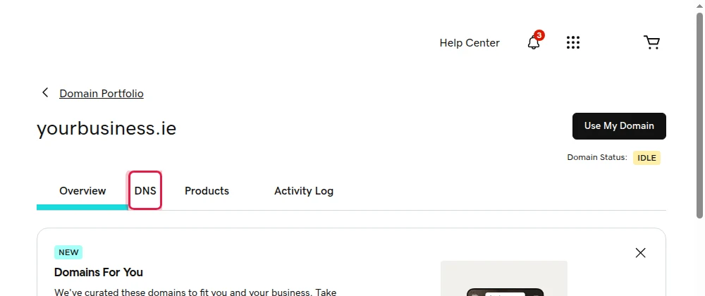 The yourbusiness.ie page in GoDaddy with the DNS tab highlighted