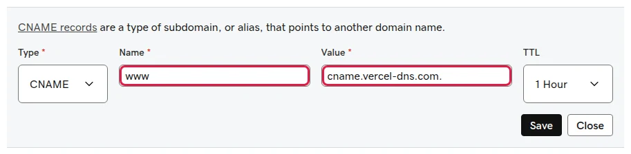 Changing the www row in GoDaddy: Name stays www, Value set to cname.vercel-dns.com.