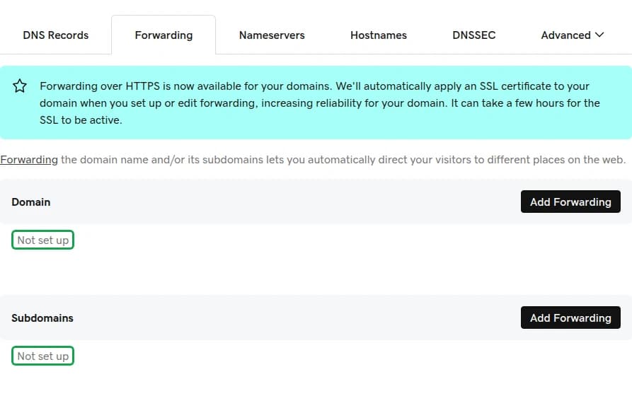 GoDaddy Forwarding tab: both boxes say Not set up