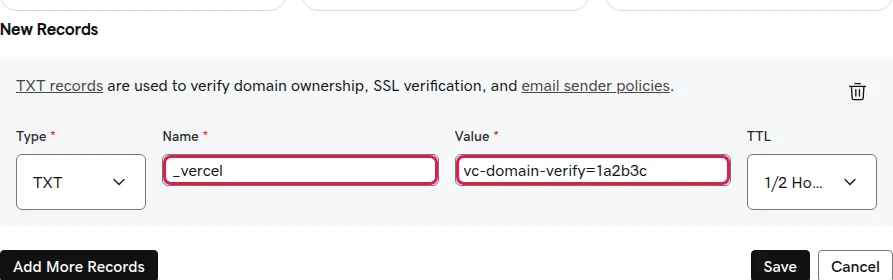 Adding a TXT row in GoDaddy: Type TXT, Name _vercel, Value vc-domain-verify=...